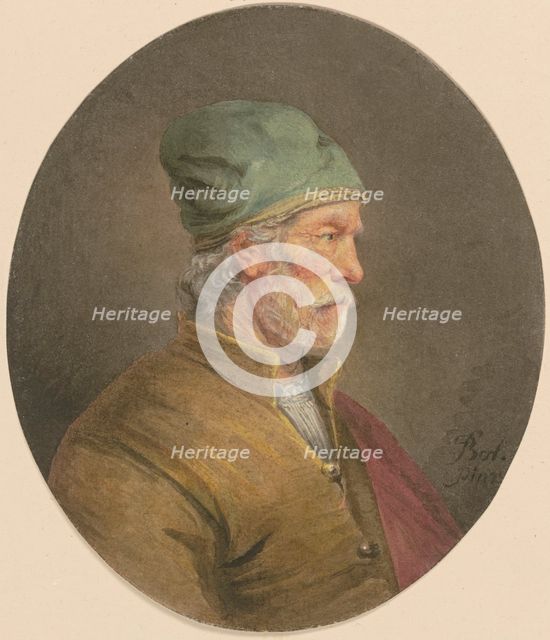 Old man with a white mustache, green cap, and yellow doublet, in profile, c17th century. Creator: Unknown.