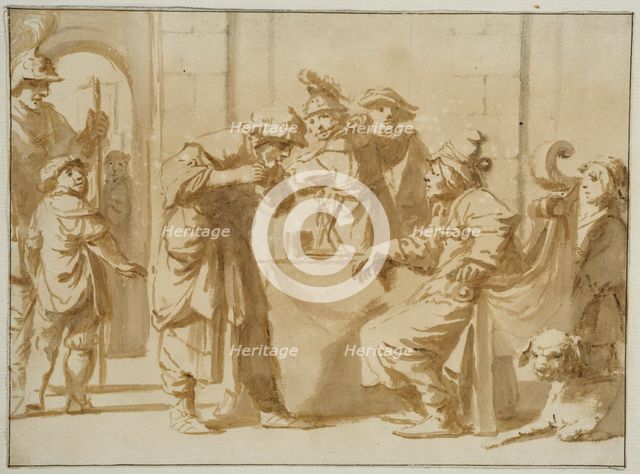 Old man receiving a helper (scene from the old testament?). Creator: Unknown.