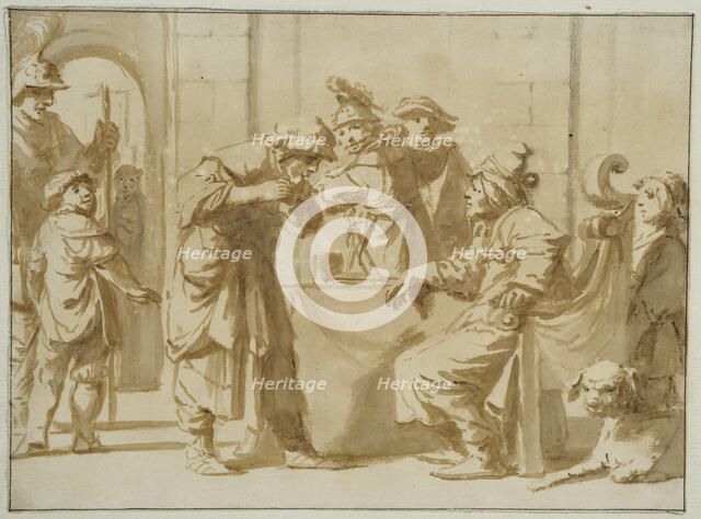 Old man receiving a helper (scene from the old testament?). Creator: Unknown.