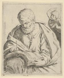 Old man seated and writing in a book, an angel at right looking over his shoulder,..., 17th century. Creator: Anon