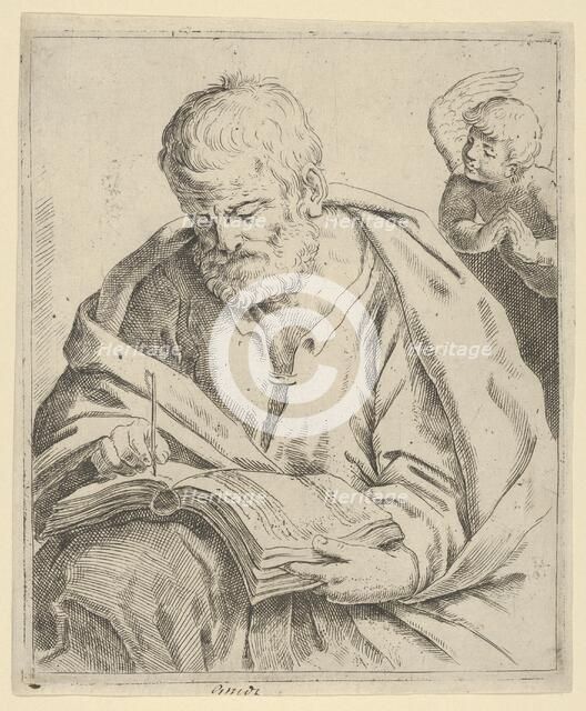 Old man seated and writing in a book, an angel at right looking over his shoulder,..., 17th century. Creator: Anon.