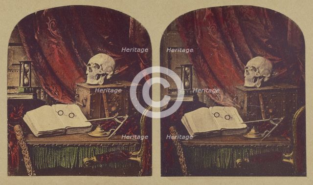 Old Mortality / Still life of Skull, Books, and Hourglass / Vanitas / The Sands of Time, about 1860. Creator: Thomas Richard Williams.