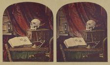 Old Mortality / Still life of Skull, Books, and Hourglass / Vanitas / The Sands of Time, about 1860. Creator: Thomas Richard Williams