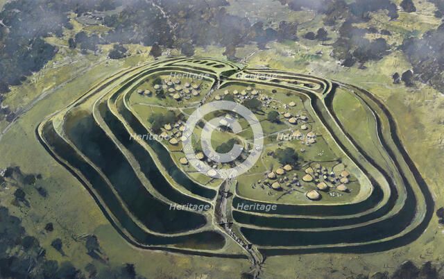 Old Oswestry Hill Fort, at the height of its occupation, Iron Age, (c1970-2010). Artist: Ivan Lapper.