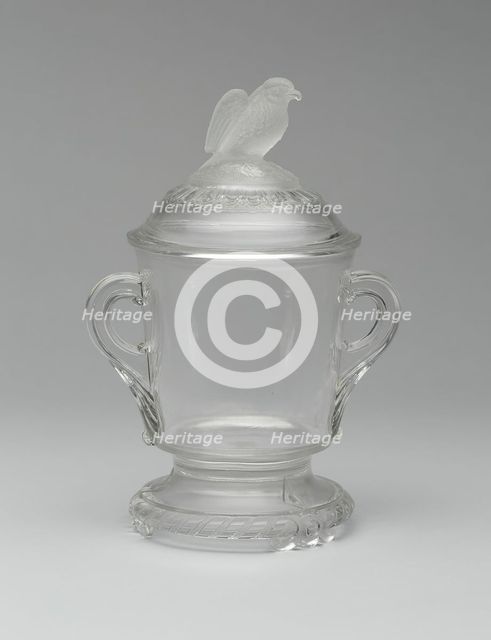 Old Abe/Frosted Eagle pattern covered sugar bowl, 1880/90. Creator: Crystal Glass Company.