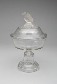 Old Abe/Frosted Eagle pattern covered compote on pedestal, 1880/90. Creator: Crystal Glass Company
