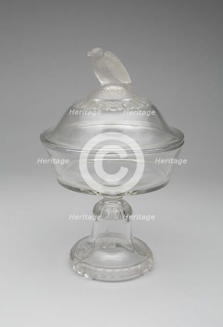 Old Abe/Frosted Eagle pattern covered compote on pedestal, 1880/90. Creator: Crystal Glass Company.
