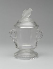 Old Abe/Frosted Eagle pattern covered sugar bowl, 1880/90. Creator: Crystal Glass Company