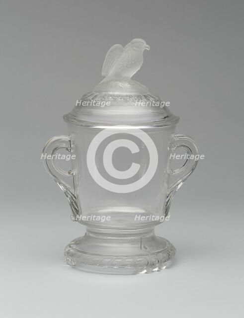 Old Abe/Frosted Eagle pattern covered sugar bowl, 1880/90. Creator: Crystal Glass Company.