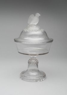 Old Abe/Frosted Eagle pattern medium covered compote on pedestal, 1880/90. Creator: Crystal Glass Company