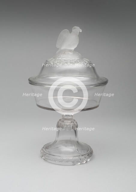 Old Abe/Frosted Eagle pattern medium covered compote on pedestal, 1880/90. Creator: Crystal Glass Company.