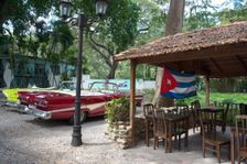 Old American cars and the Cuban flag at the Bosque, Havana, Cuba, 2024. Creator: Ethel Davies