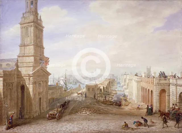 Old and new London Bridges looking south, London, 1831.                                      Artist: George Scharf