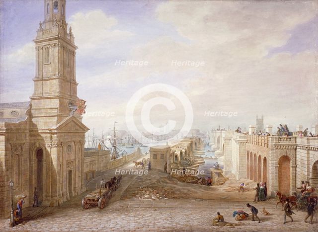 Old and new London Bridges looking south, London, 1831.                                      Artist: George Scharf