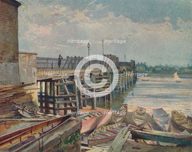 'Old Battersea Bridge, From The North Bank', looking across the River Thames, London, 1885 (1926). Artist: John Crowther.