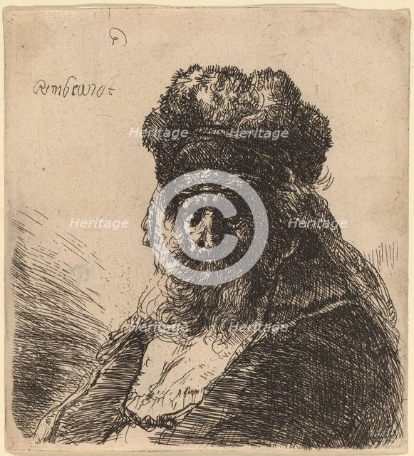 Old Bearded Man in a High Fur Cap, with Eyes Closed, c. 1635. Creator: Rembrandt Harmensz van Rijn.