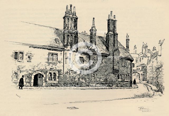'Old Charterhouse: Exterior Façade of Washhouse Court, with the Inner Gateway', 1886. Artist: Joseph Pennell.