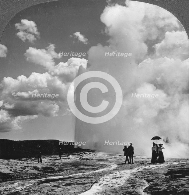 Old Faithful geyser, Yellowstone National Park, USA, early 19th century.Artist: Underwood & Underwood