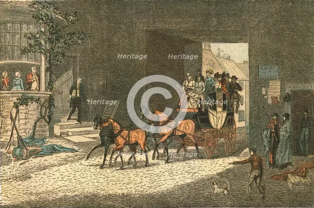 ''Old Fashioned Sporting Pictures, and the Road to Bygone Days; Coaching -- Arriving at an Inn Yard' Creator: James Pollard.
