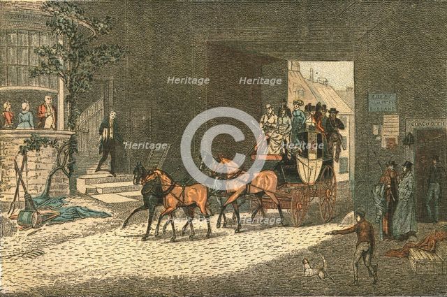 ''Old Fashioned Sporting Pictures, and the Road to Bygone Days; Coaching -- Arriving at an Inn Yard' Creator: James Pollard.
