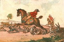 'Old Fashioned Sporting Pictures, and the Road to Bygone Days; Hunting Mishaps-- Hounds in Full Cry Creator: Unknown