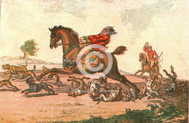 ''Old Fashioned Sporting Pictures, and the Road to Bygone Days; Hunting Mishaps-- Hounds in Full Cry Creator: Unknown.