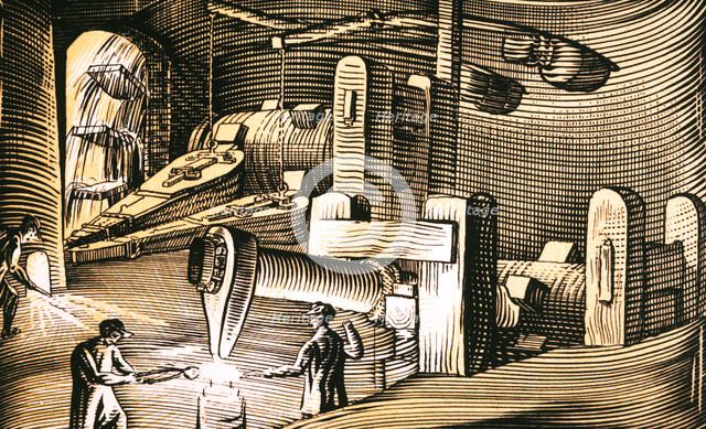 Old Forge or blacksmith producing iron and steel tools.