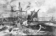 Old Greek War Ships at the Battle of Salamis, 480BC 1886. Creator: Unknown