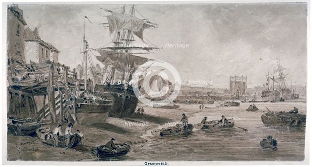 Old houses and boats on the riverbank at low tide, Greenwich, London, c1823. Artist: Anon
