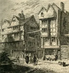 Old Houses Formerly Standing in Butcher's Row, about 1800 (1881). Creator: Unknown