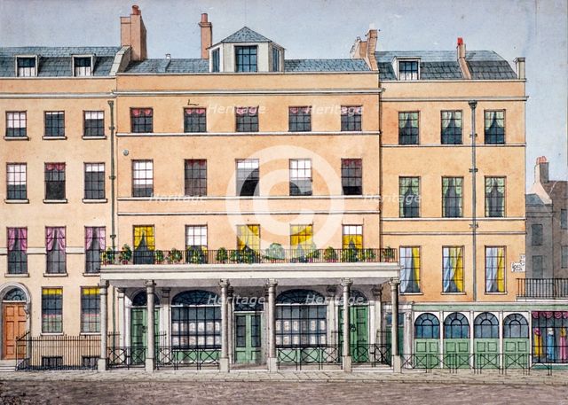 Old houses in Leicester Place, on thecorner of Lisle Street and Leicester Square, London, c1830. Artist: Anon