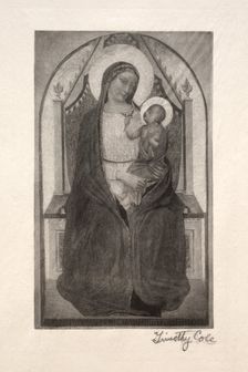 Old Italian Masters: Madonna Enthroned with Child Holding Bird, 1885. Creator: Timothy Cole (American, 1852-1931)