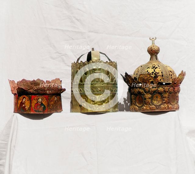 Old iron marriage crowns from the seventeenth century, Rostov museum, Rostov Velikii, 1911. Creator: Sergey Mikhaylovich Prokudin-Gorsky.