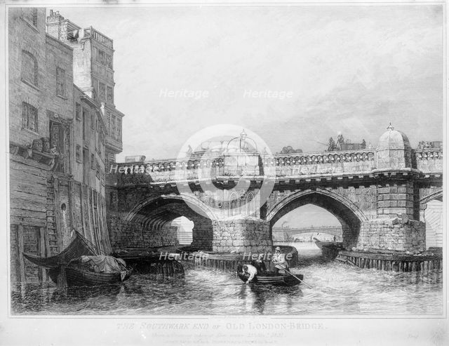 Old London Bridge, Southwark, London, 1831. Artist: Edward William Cooke