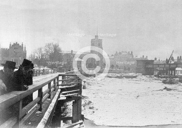 Old Putney Bridge with the river frozen, Putney, Wandsworth, London, c1881. Artist: Unknown