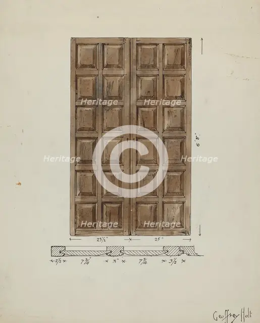 Old Paneled Doors: Main Entrance to Monastery, c. 1936. Creator: Geoffrey Holt.