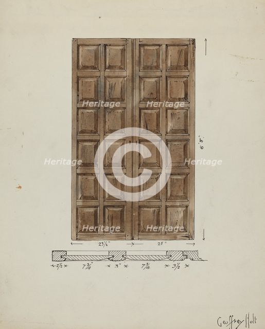 Old Paneled Doors: Main Entrance to Monastery, c. 1936. Creator: Geoffrey Holt.