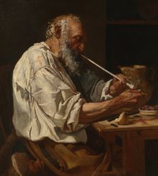 Old Peasant Lighting a Pipe, c. 1660. Creator: Johann Carl Loth