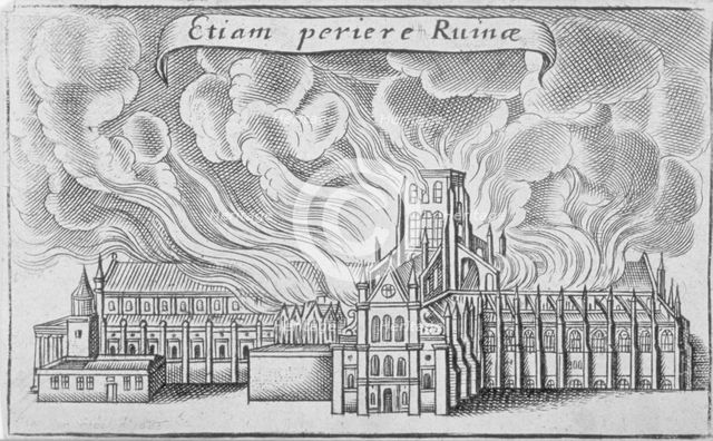 Old St Paul's Cathedral burning in the Great Fire of London, 1666. Artist: Wenceslaus Hollar