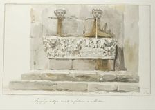 Old sarcophagus used as a fountain in Messina, 1778. Creator: Louis Ducros