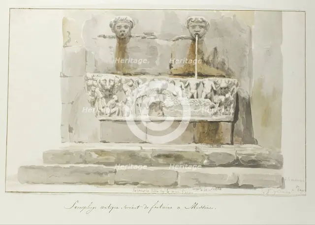 Old sarcophagus used as a fountain in Messina, 1778. Creator: Louis Ducros.