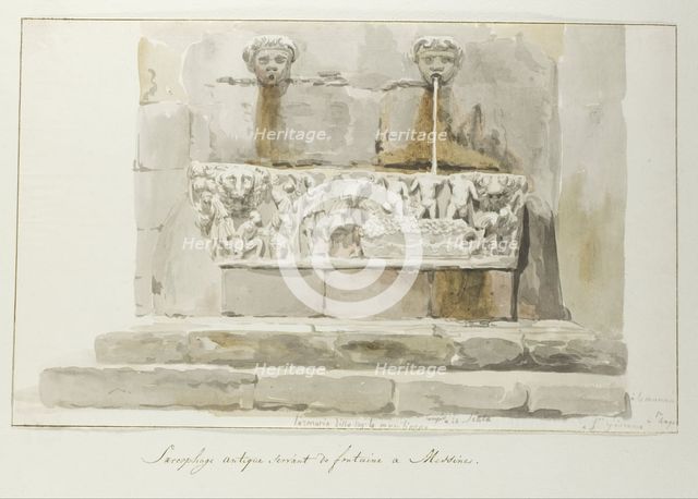 Old sarcophagus used as a fountain in Messina, 1778. Creator: Louis Ducros.