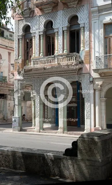 Old semi-ruined building, alongside the pedestrianised street the Prado, Havana, Cuba, 2024. Creator: Ethel Davies.