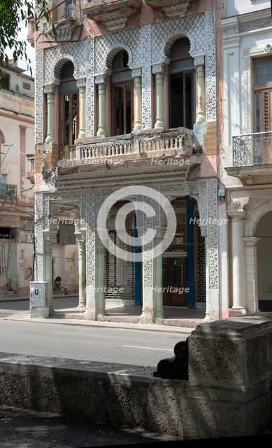 Old semi-ruined building, alongside the pedestrianised street the Prado, Havana, Cuba, 2024. Creator: Ethel Davies.