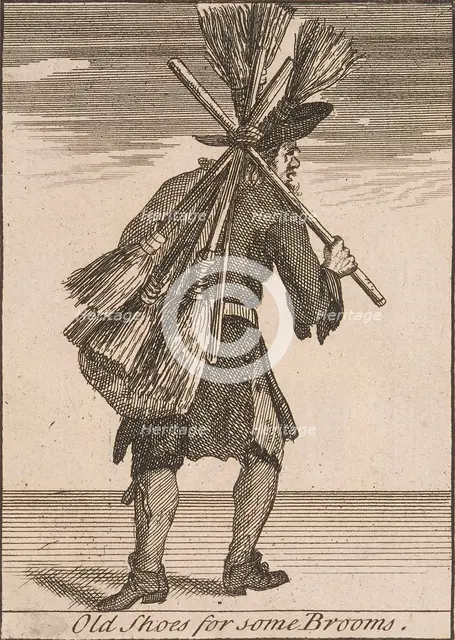 'Old Shoes for some Brooms', Cries of London, (c1688?). Artist: Anon