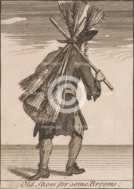 'Old Shoes for some Brooms', Cries of London, (c1688?). Artist: Anon