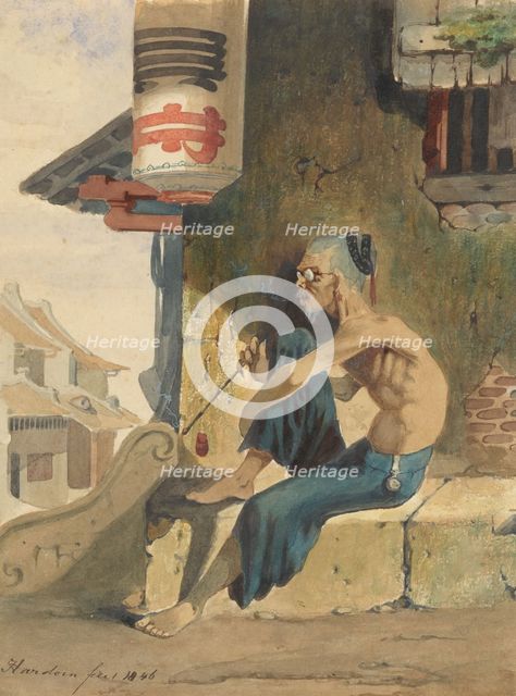 Old, skinny Chinese (opium smoker?) sitting on a sidewalk in Batavia, 1846. Creator: Ernest Alfred Hardouin.