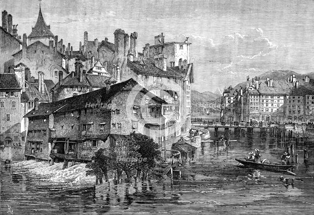 Old tanneries on the Rhone, Geneva, 1871. Creator: Unknown.