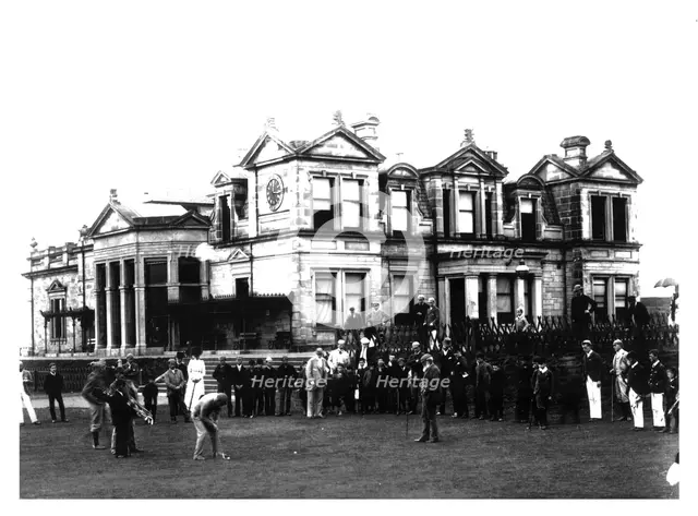 Old Tom Morris outside the Old Course Clubhouse at St Andrews in Scotland, c1900. Artist: Unknown.