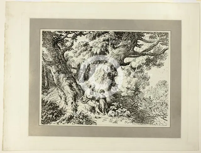 Old Trees with Old Man, a Girl, and a Dog, from the first issue of Specimens of..., 1802. Creator: Richard Corbould.